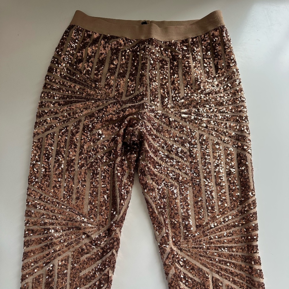 BCBG MaxAzria Size L Rose Gold Sequinned Leggings
